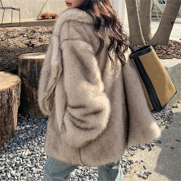 Chic Damejakke med Sjal Krave, Dobbelt Bryst, Lang Uld Model Beige Fur Coat XXL