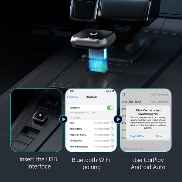 2-i-1 Trådløs CarPlay-adapter, Trådløs CarPlay- og Android Auto-adapter – Kompakt, Plug-and-play Svart