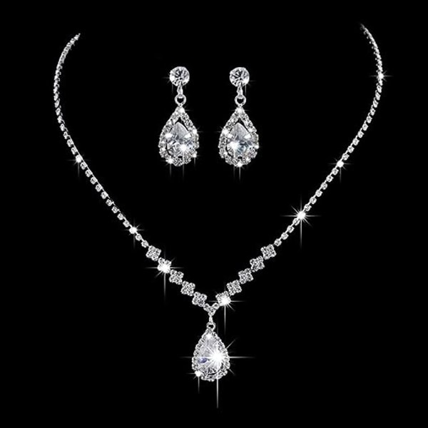 Set Silver Strass Halsband och örhängen Set Sparkly Crystal Dangle Drop Earrings Halsband Set