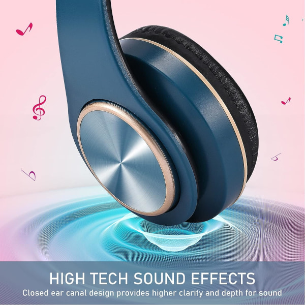 Trådlösa hörlurar över örat, trådlösa hopfällbara stereohörlurar Inbyggd HD-mikrofon, FM, SD/TF, Deep Bass Lättviktsheadset med tråd (blå)
