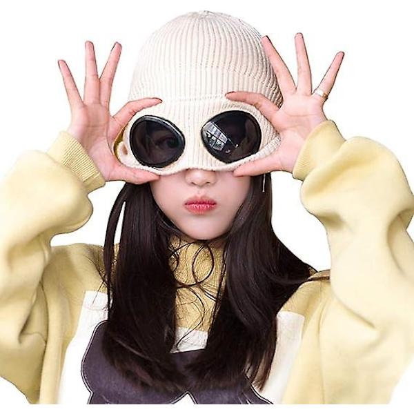 Vit Unisex Goggle Beanie Mössor Varm Fin Stickad Grov Skid Vintermössa