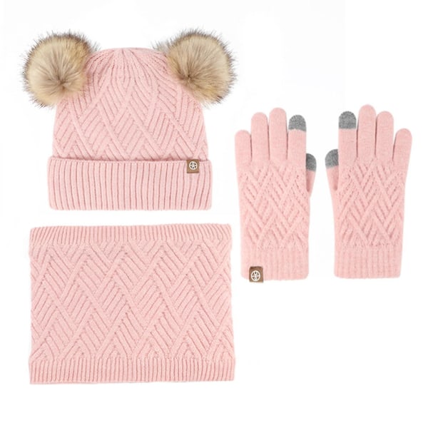 Kid Vinteruldisolering Plys strikhue, tørklæde, handsker, 3-delt sæt til 5-12 år gammel pink