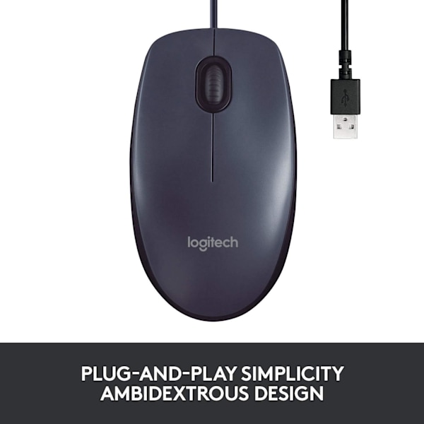 Logitech B100 Trådbunden USB-mus, 3 knappar, optisk spårning, ambidextrös PC/Mac/bärbar dator -