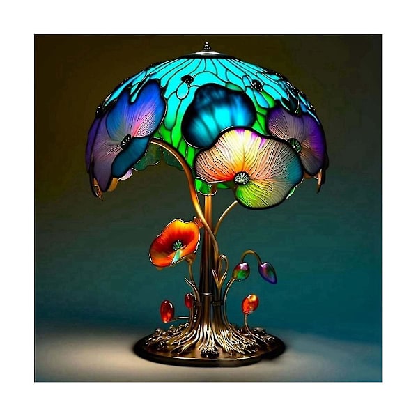 Farvet bordlampe i plettet planteserie til soveværelse, natbord, svamp, retro