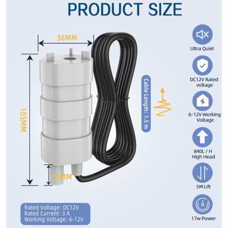 12V 600L/H 3A dränkbar pump, mikroelektrisk vattenpump med högt flöde för husvagn, damm, akvarium, fontän