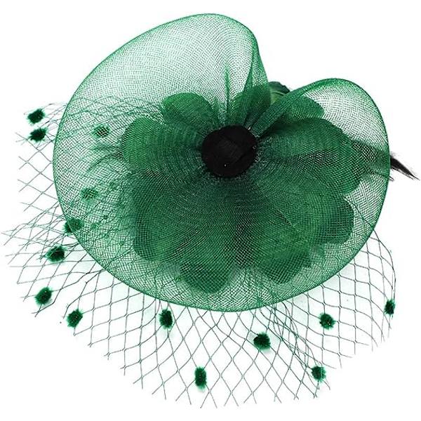 Dam Fascinator Pillbox Hatt Kvinnor Blomma Bowler Hatt Fjäder Bröllop Cocktail Hatt Hårklämma Fest Hatt Hårtillbehör med Hårögla(grön) green