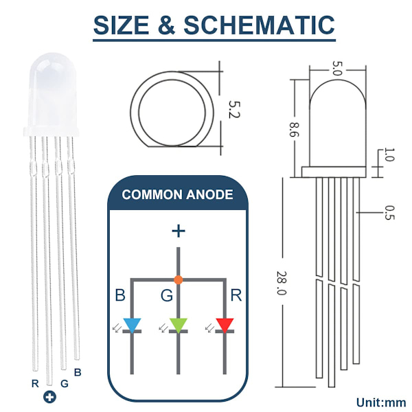 100-pakning 5mm LED lysdiode felles anode DC 3V 20mA RGB trefarget (rød/grønn/blå)