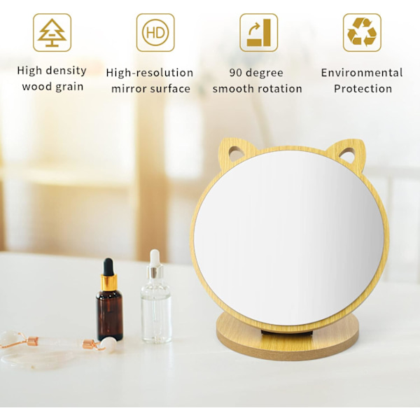 Makeup Stand, Bord Spejl Kreativ Katteøre Form, Justerbar Vinkel Desktop Forfængelighed Spejl, Bord Spejl med Træ Base - Sød Stil Forfængelighed Spejl
