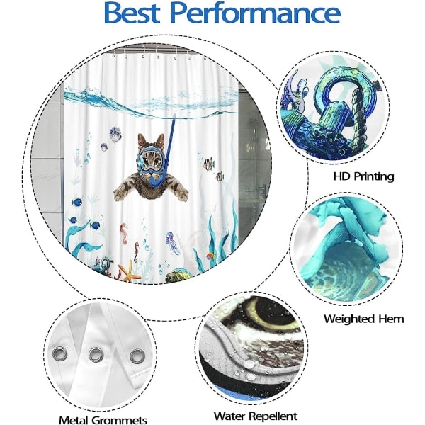 Sjovt kattebruseforhængssæt Teal Blue Ocean Ocean Vandtæt stofbruseforhæng med dyr Octopus Starfish Turtle Anchor Fish Nautical Bathroom