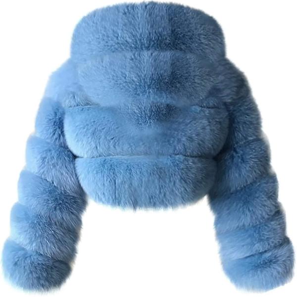 Kunstpelsjakke til kvinder med hætte - Korte, bløde boblerjakker i fleece - Varme jakker i plusstørrelser - Vinterjakker til kvinder Sky Blue L