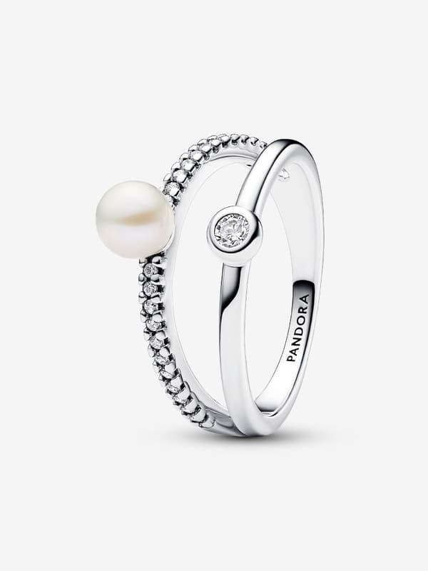 Pandora - Behandlad sötvattensodlad pärla & Pavé dubbelradig ring - Sterling silver Circumference: 58mm