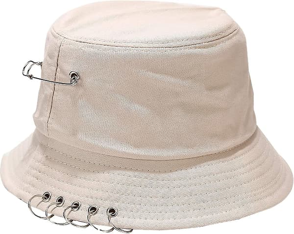 Fem ringar och säkerhetsnålsdekor 100 % bomullshinkhatt Packbar strand solhatt för kvinnor män beige -