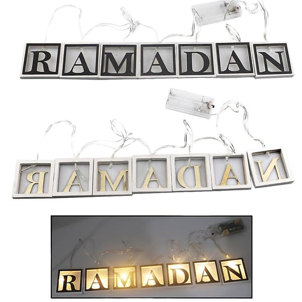 2 Tre Hule Ramadan-bokstaver i Treform med LED-lyssnor til Ramadan Eid Mubarak Hjemmedekorasjon