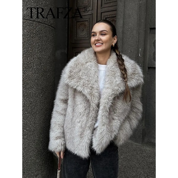 TRAFZA - Kvindes kort jakke i kunstig læder, tyk og varm langærmet frakke, ensfarvet, elegant, trendy, vinter Beige White XS
