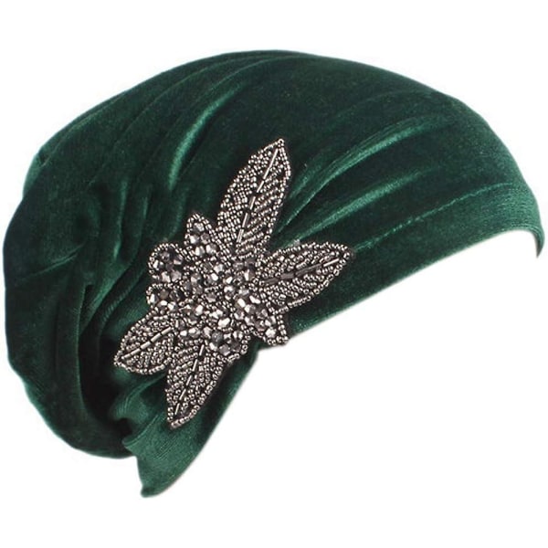 Kvinders Stretch Velvet Turban Hat Beanie Beaded Flower Hair Wrap Cap Hovedbeklædning