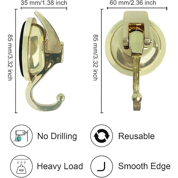 Badeværelseskrog Sæt med 2 Guld Sugeskop Kroge, Heavy Duty Sugeskop Brusekroge Til Vindue, Glas, Køkken, Badeværelse, Genanvendelig Uden Stempning Til