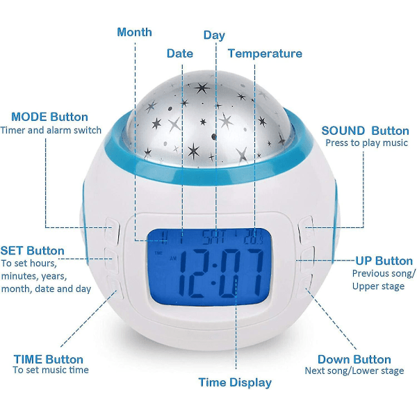 Barnklocka, stjärnor 7 färger nattlampa, digital väckarklocka temperaturdetektering för småbarn, barn pojkar och flickor, studenter att vakna
