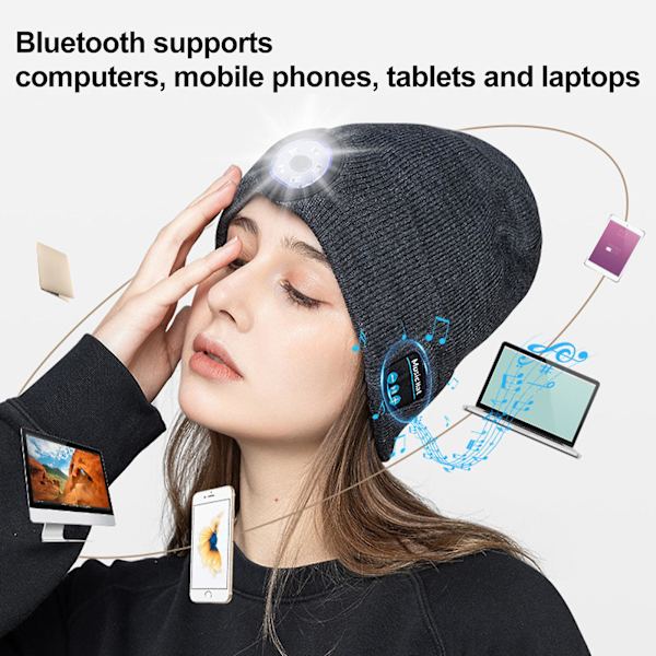 Udendørs Bluetooth Hue med Hovedlys, LED Musik Strikhue til Kvinder, Mand, Kæreste Black White