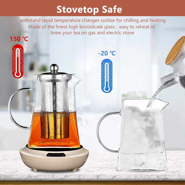 950 ml borosilikatglass tekanne, tekanne med teinfuser, stor firkantet tekanne med sil, komfyrtopp mikrobølgeovn trygg tekanne for 4-6 kopper