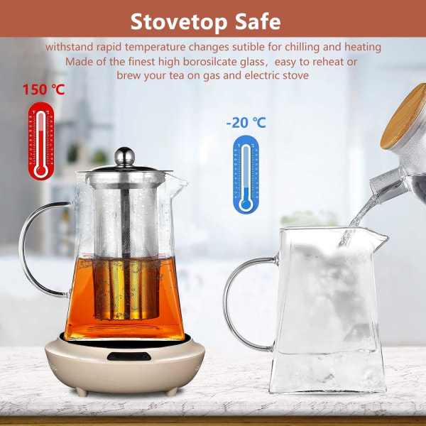 Kvadratisk glasstekanne med teinfuser, 750 ml borosilikat tekanne for løs te, klar bladtekanne med sil