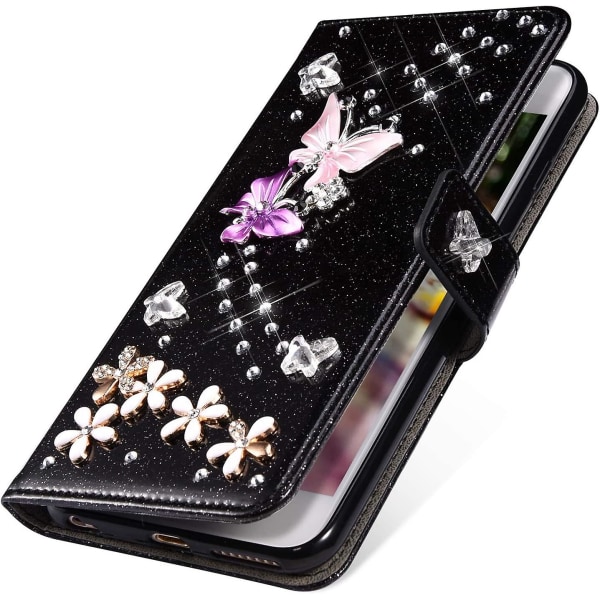 Etui til Iphone 7/iphone 8 Flip-etui Premium Pu-læder pung-etui 3d Håndlavet Glitter Bling Shiny Diamond Butterfly Med kortpladser Kickstand til Ip