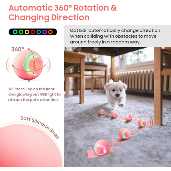 Interaktiv katt leksak boll husdjur leksak boll med LED-ljus automatisk roterande intelligent för katt inomhus, USB-laddningsbar (rosa)