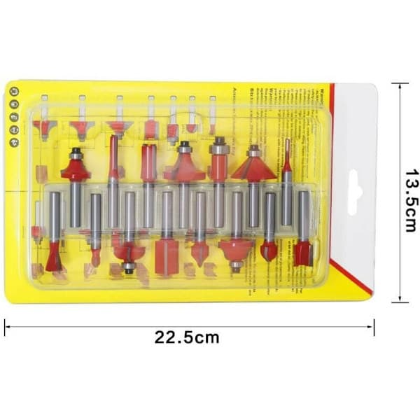 15-dels overfresbitsett, 6,35 mm wolframkarbid overfresbit, 1/4\" skaft overfresbit, overfresbitsett for trebearbeiding