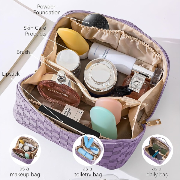 Pu læder vandtæt make-up taske med håndtag og skillevæg Moderigtig makeup organiseringstaske Bærbar rejseopbevaring Stor makeup taske (lilla)