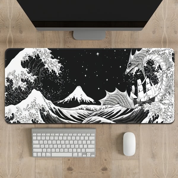 Black and White Japanese Waves Sea Dragon Gaming Musematte Abstrakt svart matte 31,5x11,8 tommer Sea Wave Texture Non-Slip R