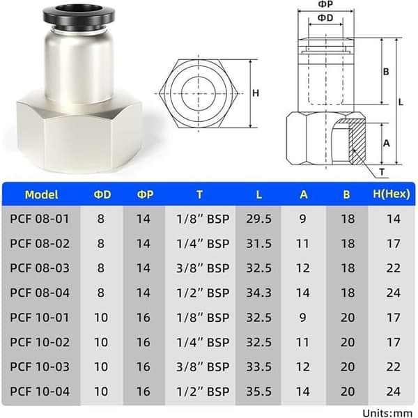 10 mm OD x 1/2 tum BSP invändig rak koppling PCF10-04 (förpackning med 10)