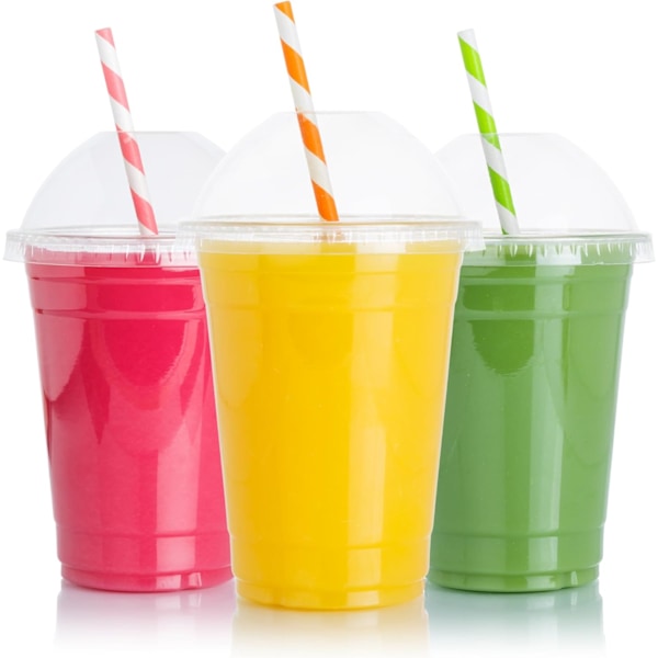 100 stk. Smoothie-kopper i plast med kuppelformede lokk - Smoothie-kopp med lokk til smoothies - Gjenvinnbare og engangskopper (100-pakning) 12oz