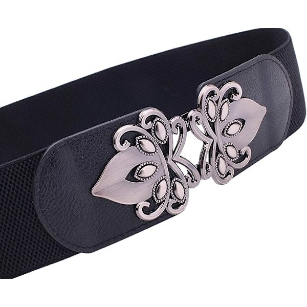 Dam Vintage Bred Elastisk Stretch Midjebälte Retro Cinch Bälte, Svart