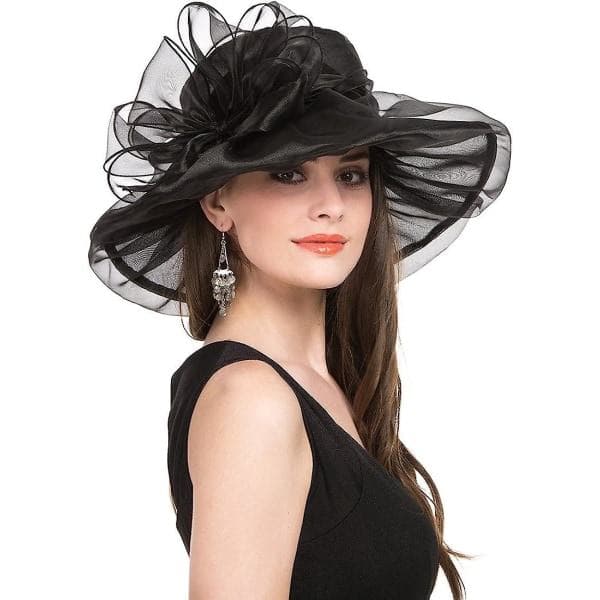 Sommerhat til damer, strandhat, kirkehat, Ascot Race Derby-hat, cocktailbryllup, sort sløjfe, 1 stk.