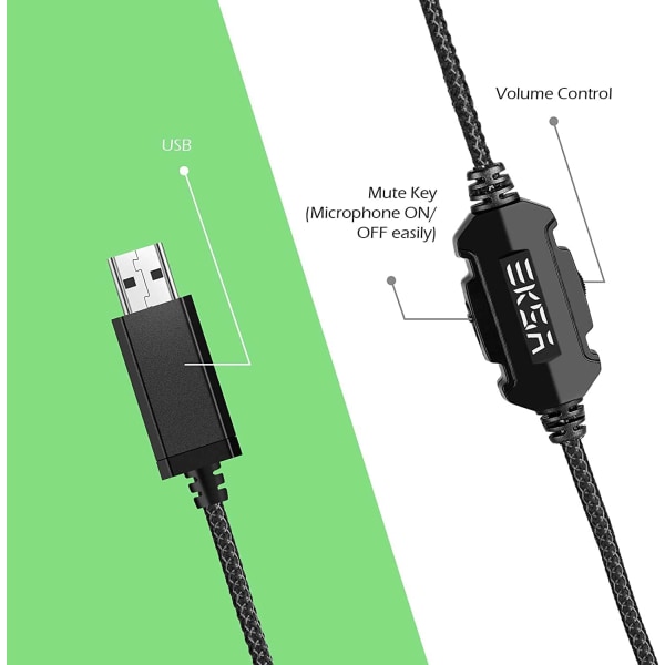 E1000 USB Gaming Headset för PC - Datorhörlurar med mikrofon/brusreducering, 7.1 surroundljud, trådbundet headset och RGB-ljus (grönt)