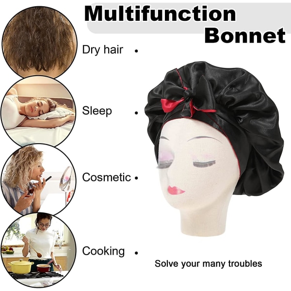 Satin Bonnet Silke Sleep Cap Hair Bonnets For Black Women Stretchy Tie Band Hår Black red