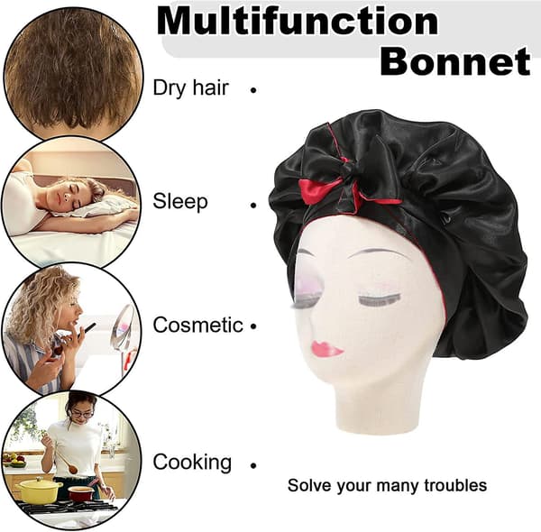 Satin Bonnet Silke Sovehætte Hårhuer Til Sorte Kvinder Elastisk Bånd Hår Black red