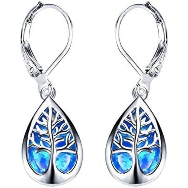 Smycken Utsökt vattendroppe Blå Vit Eld Opal Life Tree Dangle Örhängen För Kvinnor
