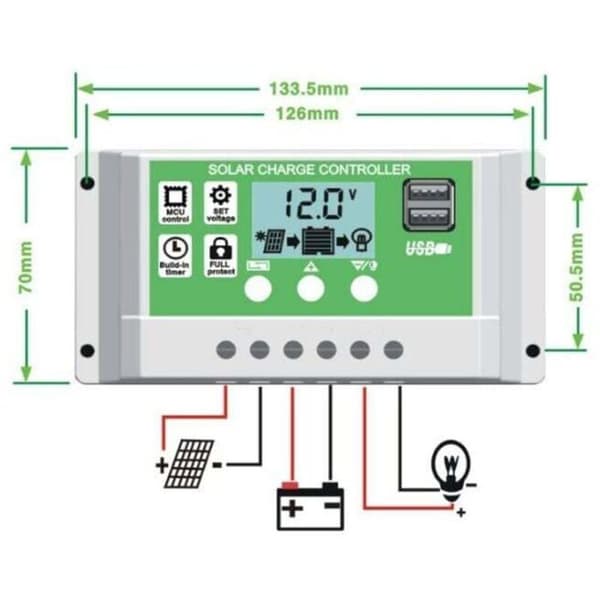 30A 12V/24V Solarladdningsregulator, Bly/Litiumbatteri, LCD-skärm, Dubbla USB-portar, På/Av-timer