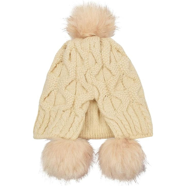 Naisten neulottu pipo, talvinen lämmin pipo pom pom -tupsulla, tuulenpitävällä korvaläpällä (beige)