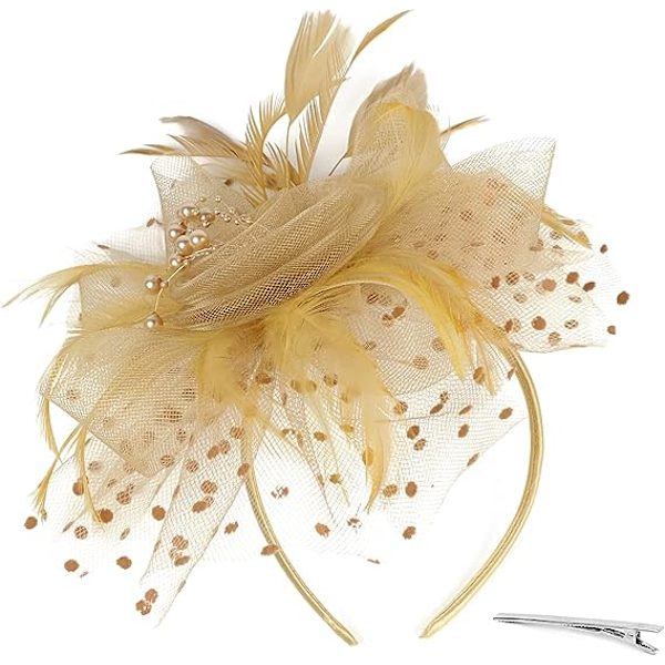 Fascinatorhatt för kvinnor, damer, bröllop, tebjudning, flapper, pillboxhatt, Ascot-tävlingshatt, fjäderblomma (khaki)