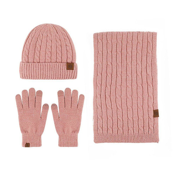 Dame Vinter Varm Lue Hette Touchscreen Hansker Og Skjerf Sett pink