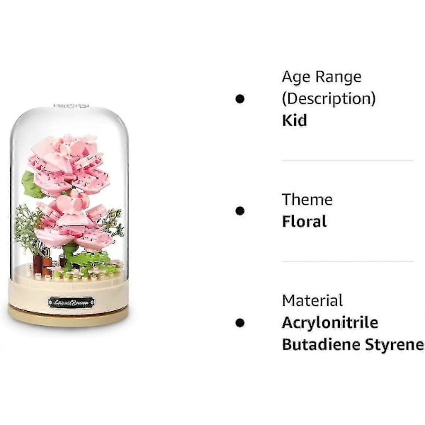 Byggstenar Blombukett DIY Byggleksakssats med Musikask för Tonåringar och Vuxna med Dammskyddande Kupol Ingår Romantiska Presenter för Födelsedag Mo JK2675