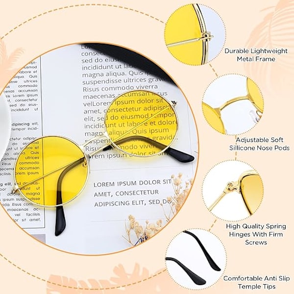 Pyöreät Hippie-lasit Retro Ruusukulta Kehykselliset Aurinkolasit Karkkiväriset Vintage-lasit Ihastuttavat Katu- ja Juhlalasit Teini-ikäisille Tytöille Naisille Yellow