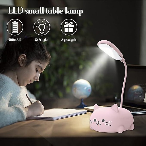 Skrivebordslampe for barn, søt katt LED bordlampe med fleksibel arm, USB-oppladbar bordlampe, øyevern, leselampe, tegneserie Kawaii nattbordslampe Pink