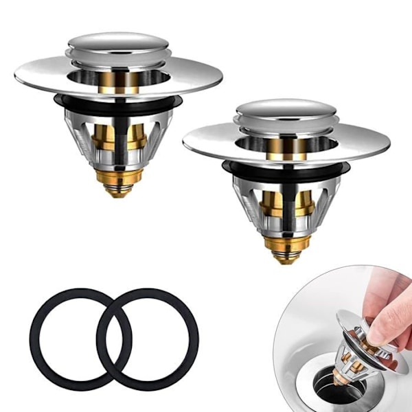 Pop-up vaskepropp med anti-tett filter, universal avløpsplugg, badekaravløp (2 stk, 34-38 mm)