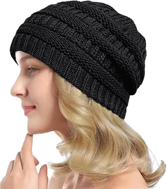 Vintervarm Stickad Mössa med Satinfoder Kabelvirkad Beanie Chunky Slouchy Skallehatt för Kvinnor Black