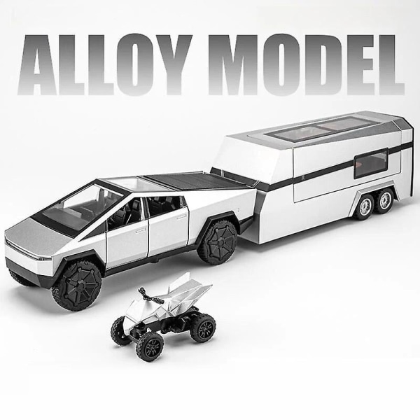 1/32 Tesla Cybertruck med Touring Car Rv Caravan Diecast Legetøjsmodel i Metal Miniatur Model Træk Tilbage Lyd Lys Samling Gave Dreng Silver