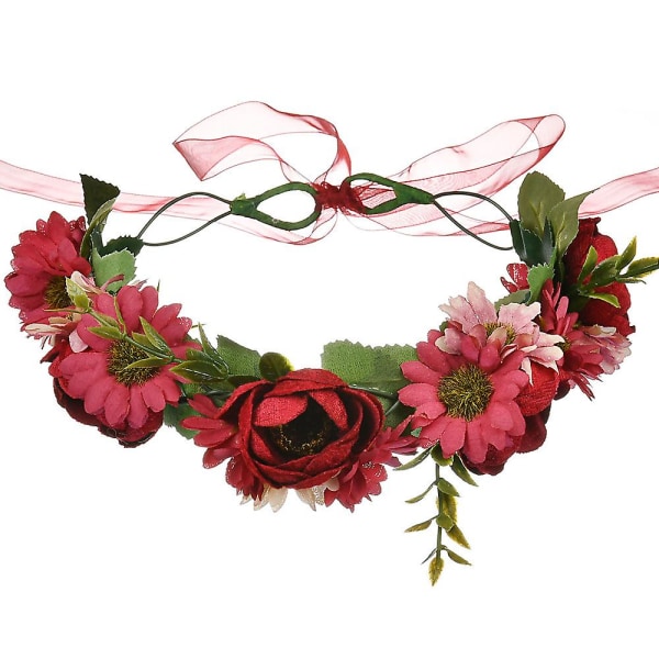 Blomsterkrans Bröllop Blommig Hårband Hårkrans Blomsterhuvudbonad Halo Med Band Bröllopsfest, Röd Red