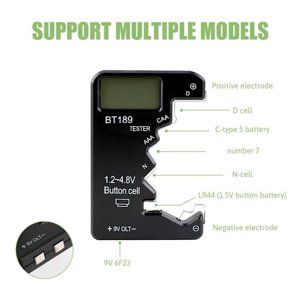 Mini Digital Batteritester, ABS Universal Batteritester med High Definition LCD-display til typer D CAA N LR44 9V 6F22