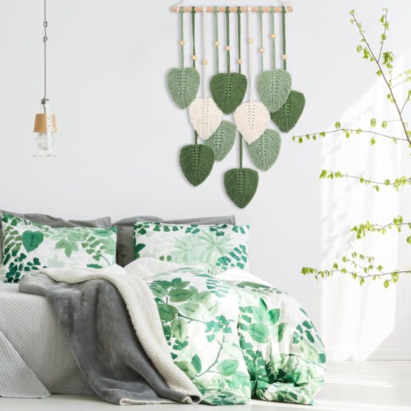 Macrame Väggbonad Grön Blad Frans Tapet Boho Chic Väggdekor Handgjord Vävd Bomullsrep Tapet Estetisk Bohemian Väggkonst för Sovrum